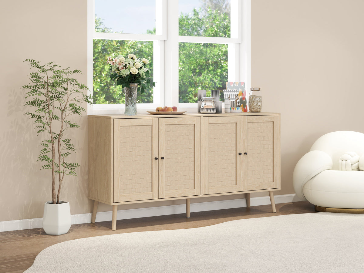 Woven Door Sideboard Buffet Cabinet with Adjustable Shelves