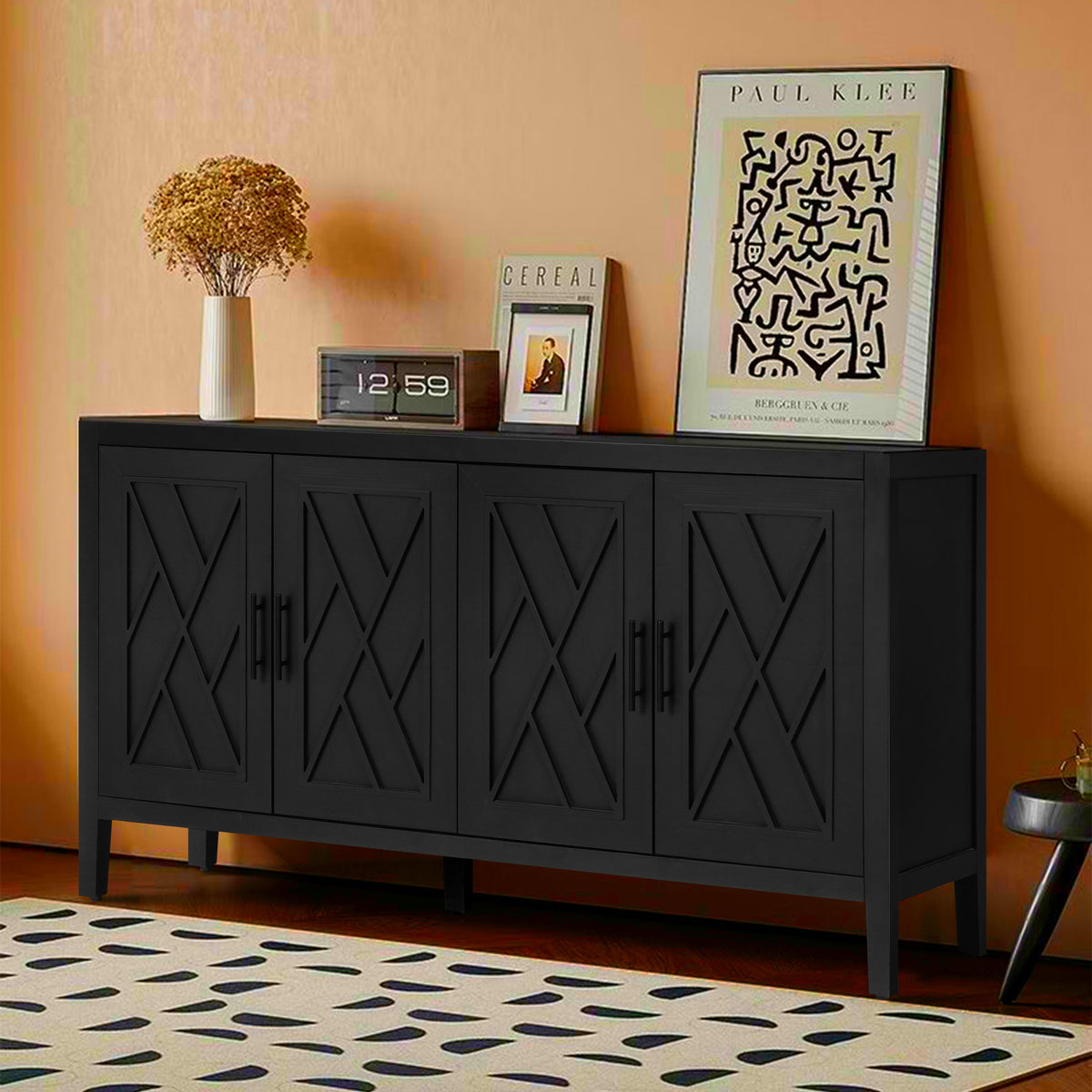Black Wooden Sideboard with 4 Doors, Farmhouse Storage