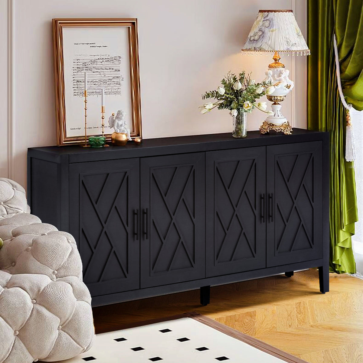 Black Wooden Sideboard with 4 Doors, Farmhouse Storage