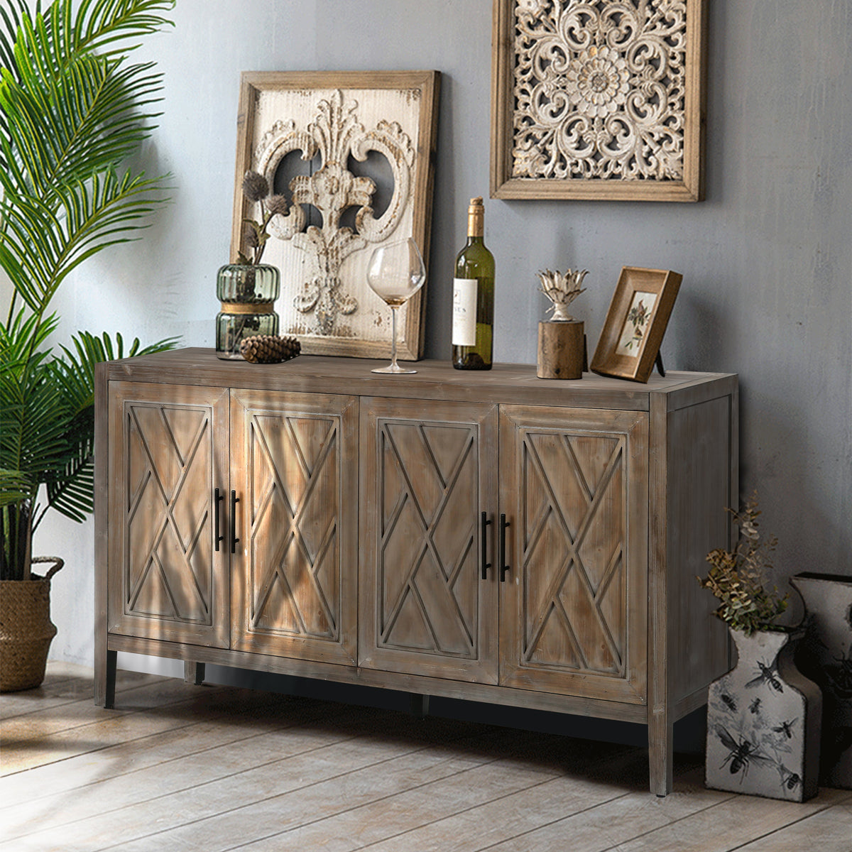 Farmhouse Wood Sideboard with X-Lattice Doors for Storage