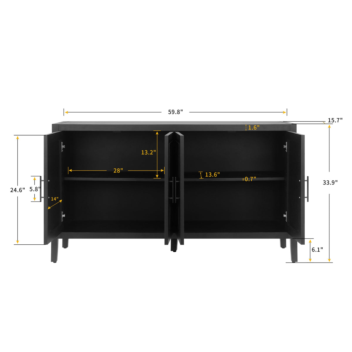 Black Wooden Sideboard with 4 Doors, Farmhouse Storage