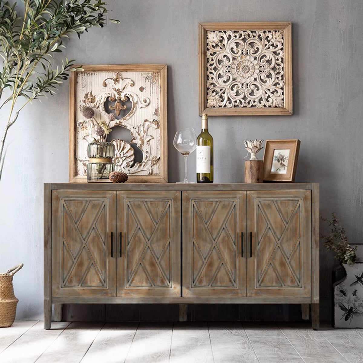 Farmhouse Wood Sideboard with X-Lattice Doors for Storage