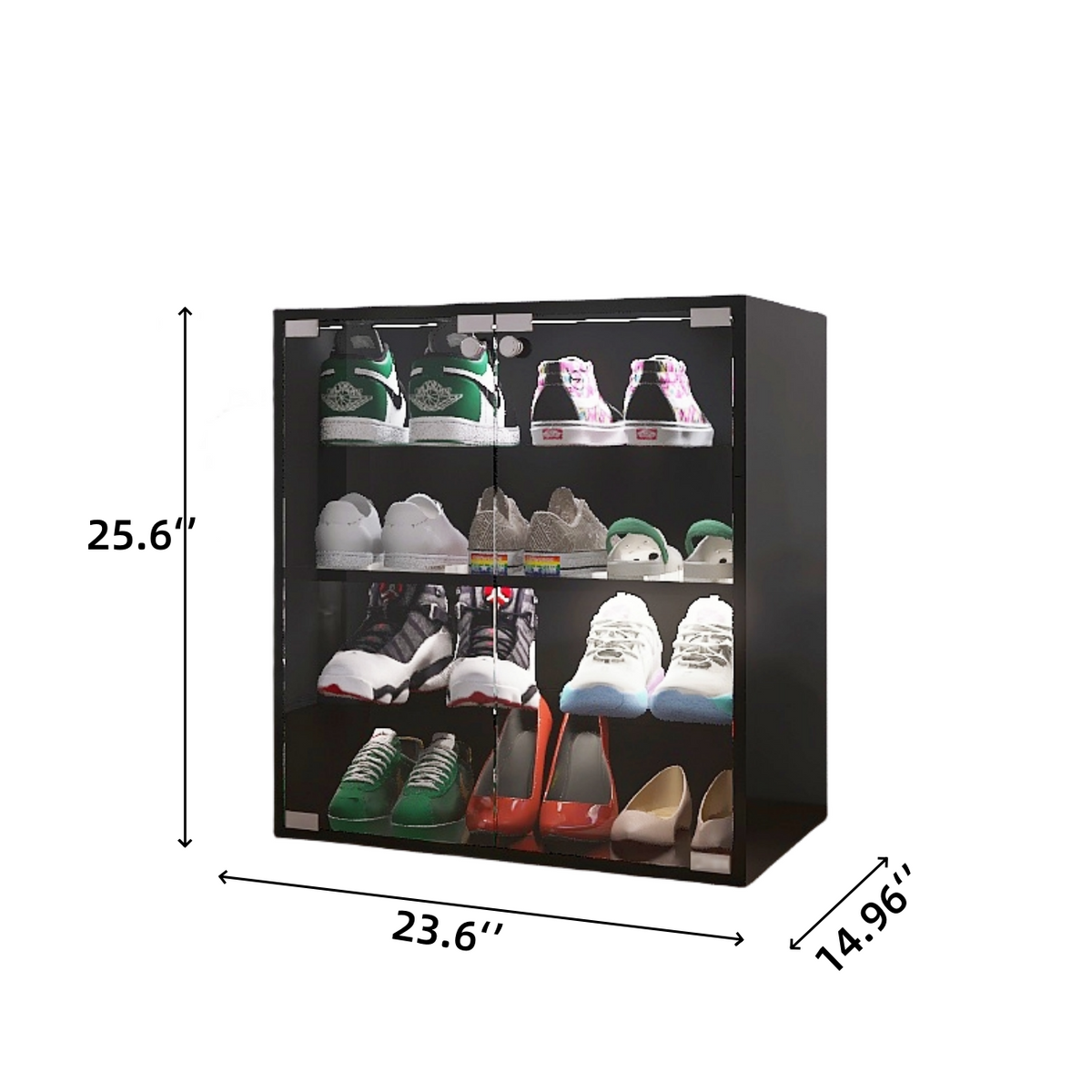 Black Glass Door Shoe Cabinet with LED Light, 4 Tiers