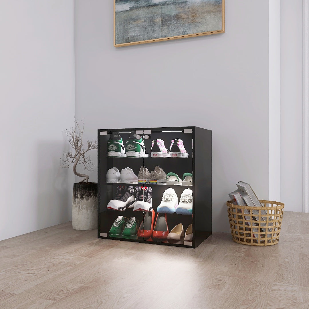 Black Glass Door Shoe Cabinet with LED Light, 4 Tiers