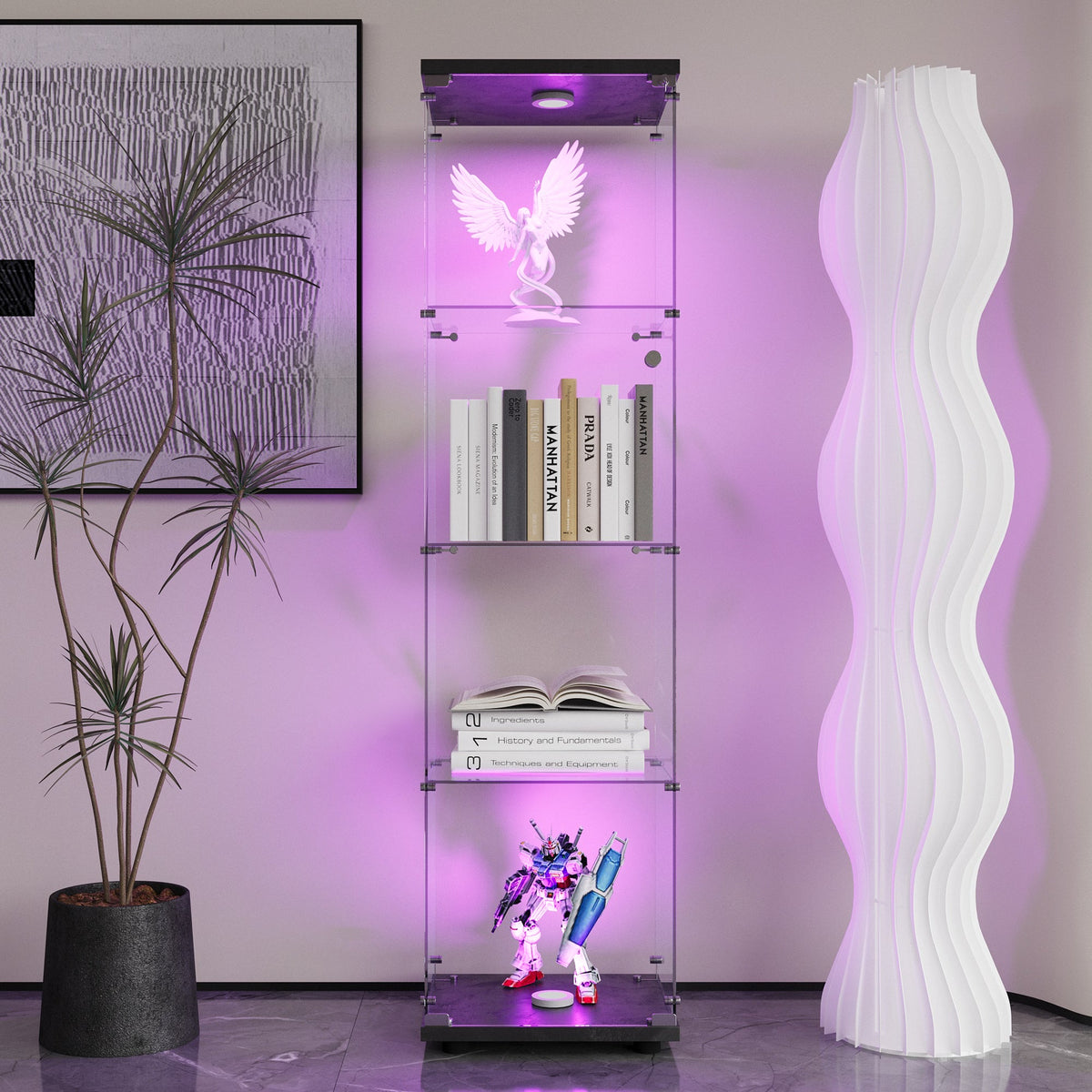 Lighted Glass Display Cabinet with 4 LED Shelves, Black