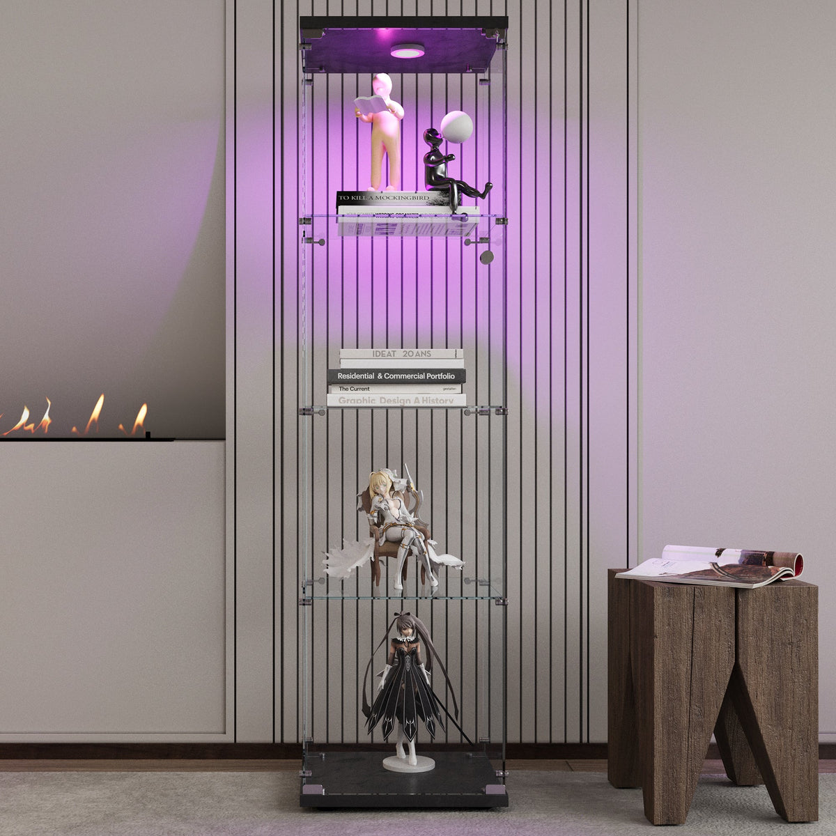 Lighted Glass Display Cabinet with 4 LED Shelves, Black