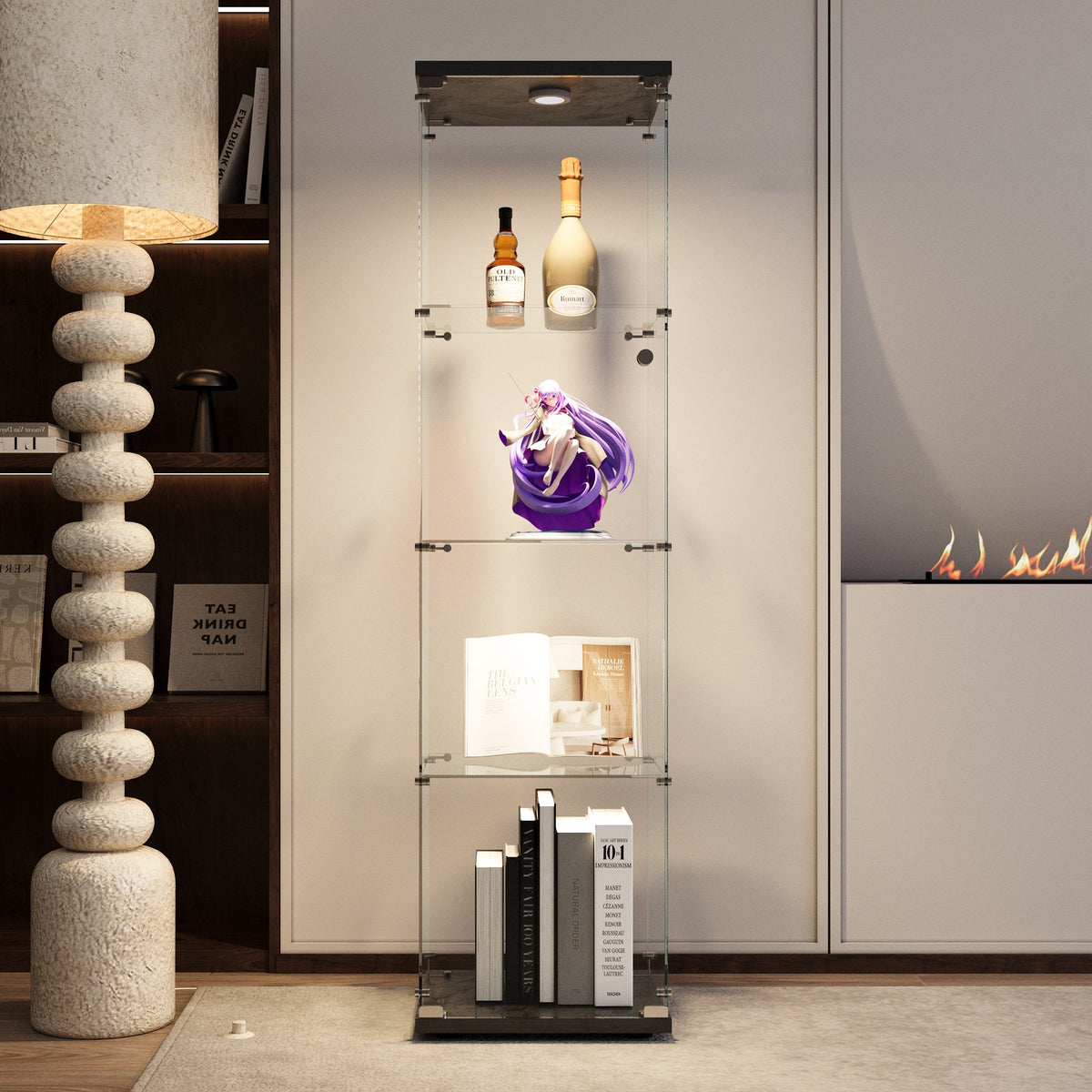 Lighted Glass Display Cabinet with 4 LED Shelves, Black