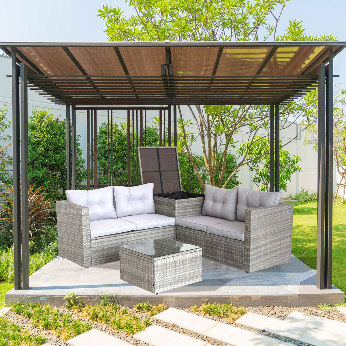 Wicker Patio Sectional Sofa Set with Hidden Storage