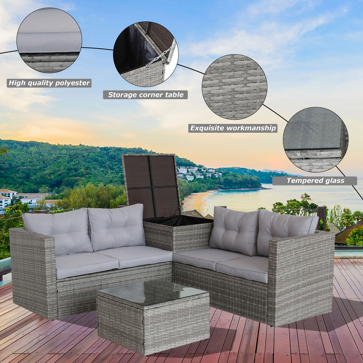 Wicker Patio Sectional Sofa Set with Hidden Storage