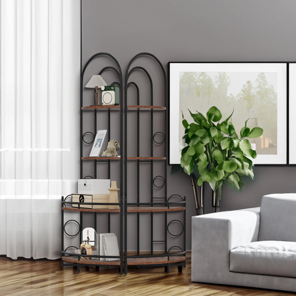 Corner Bookshelf with Plant Stand, 4-Tier Metal Frame