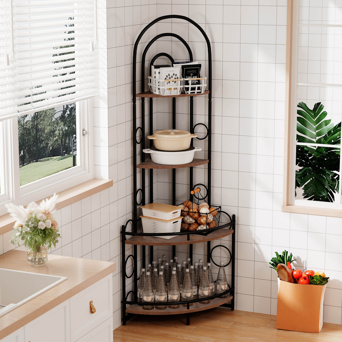 Corner Bookshelf with Plant Stand, 4-Tier Metal Frame