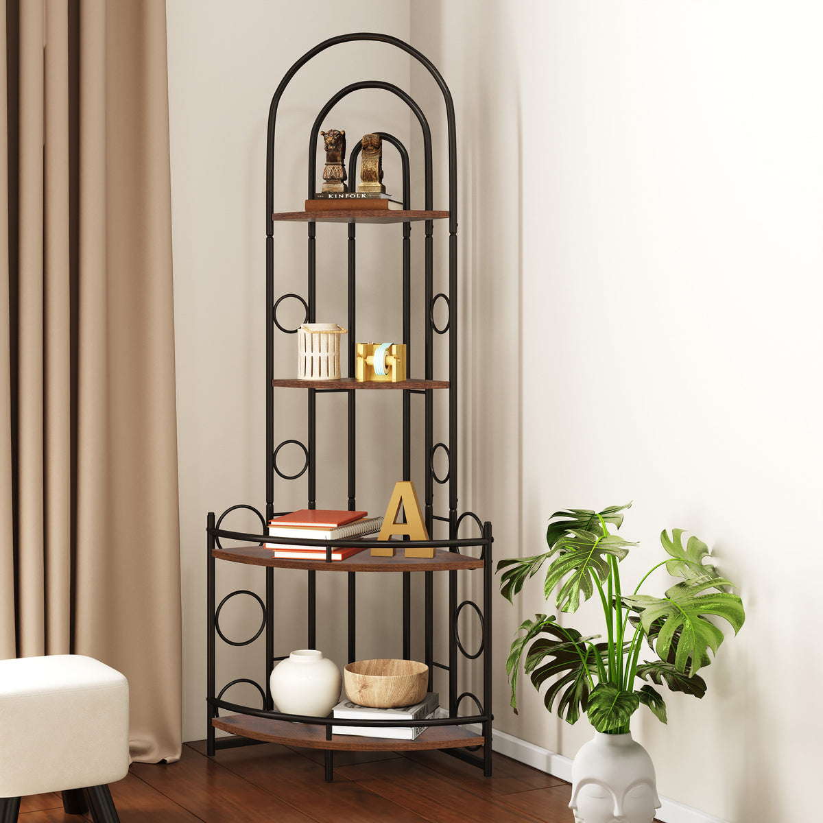 Corner Bookshelf with Plant Stand, 4-Tier Metal Frame