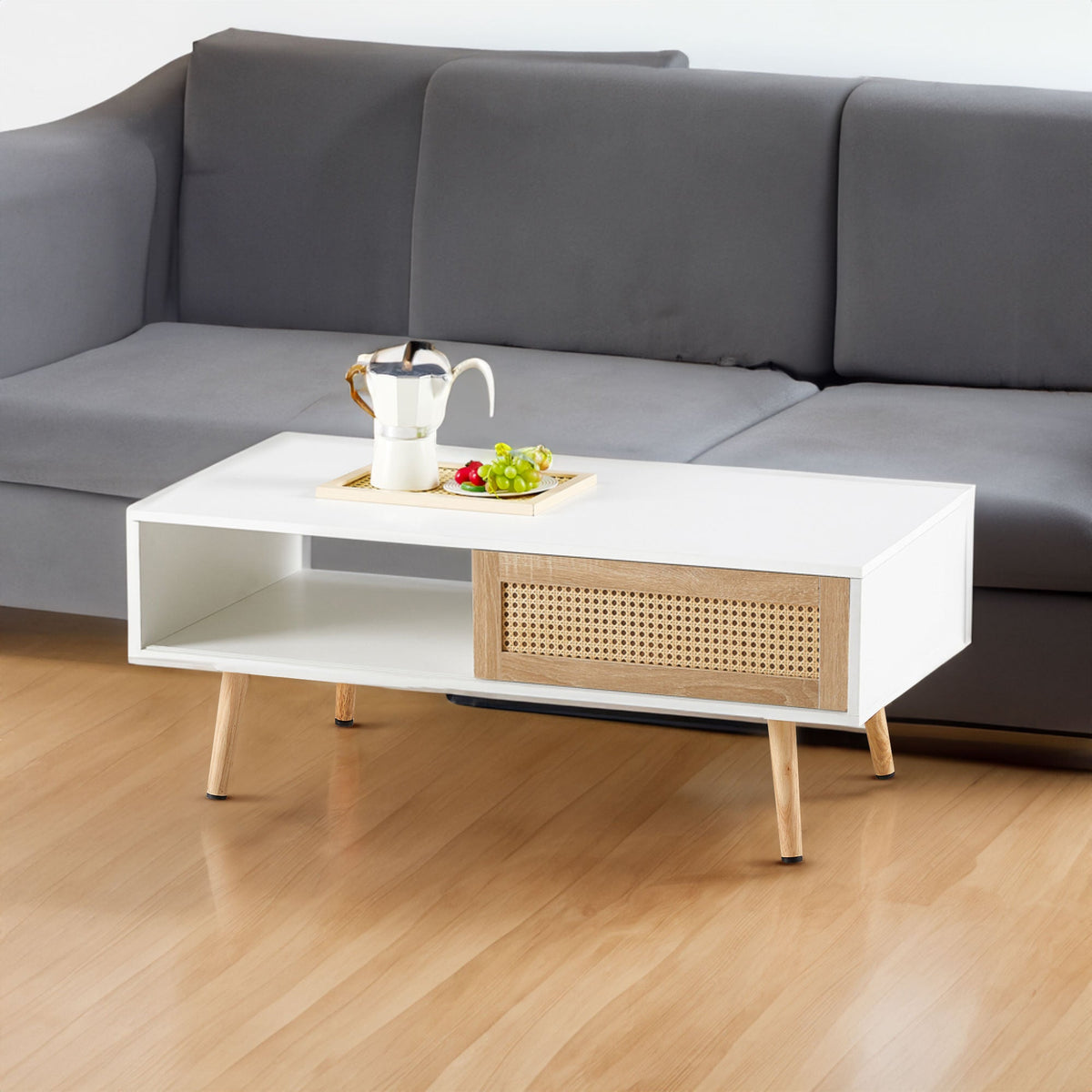 Rattan-Look Coffee Table with Sliding Door Storage