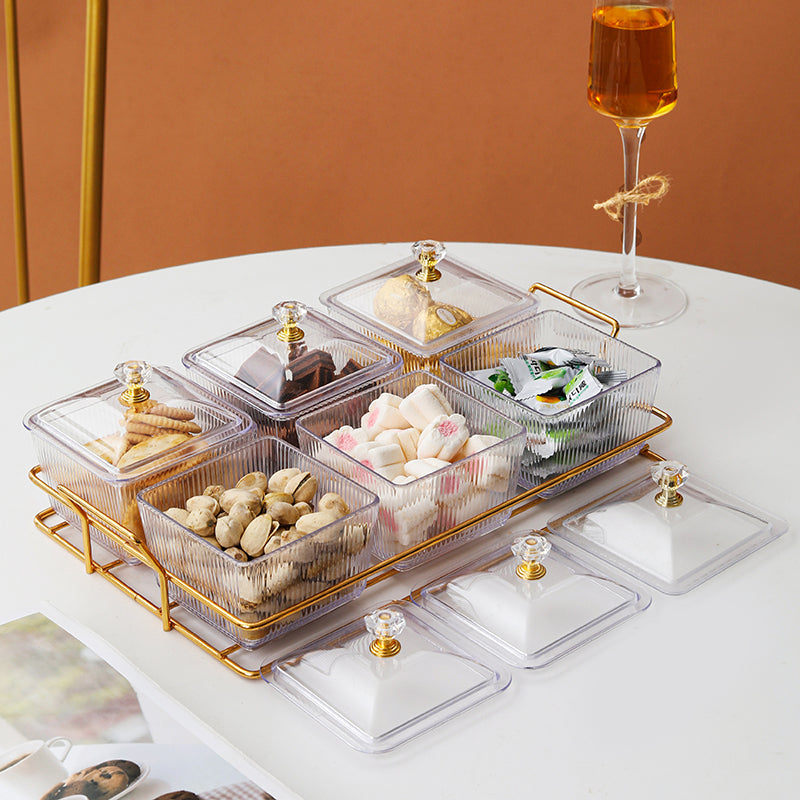 Luxury Snack Dish Set with Lids and Gold Serving Rack