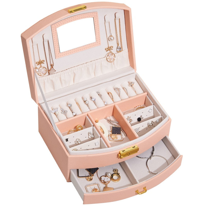 Leather Travel Jewelry Box with Mirror and Organizer