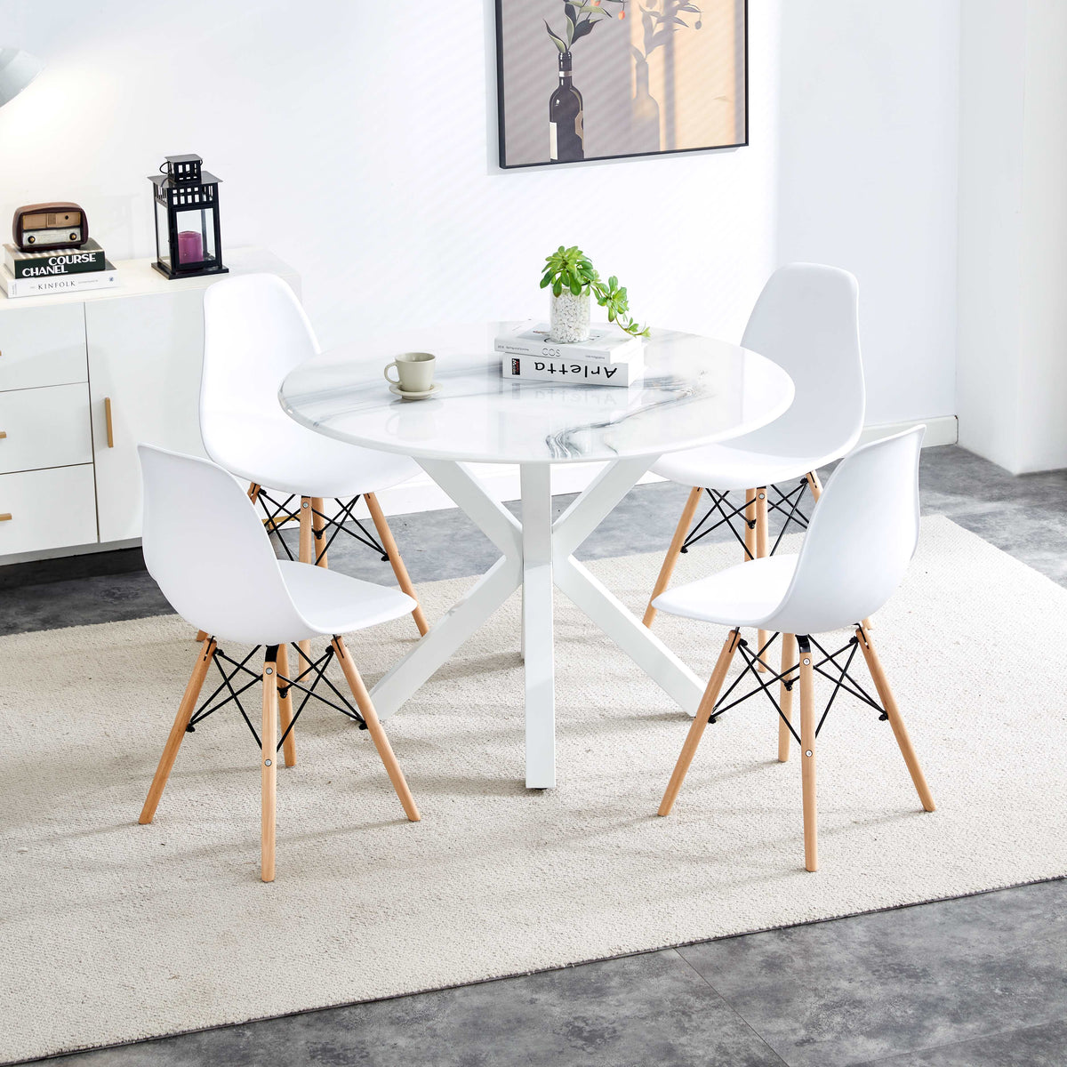 Round White Marble-Look Dining Table Seats 4 to 6