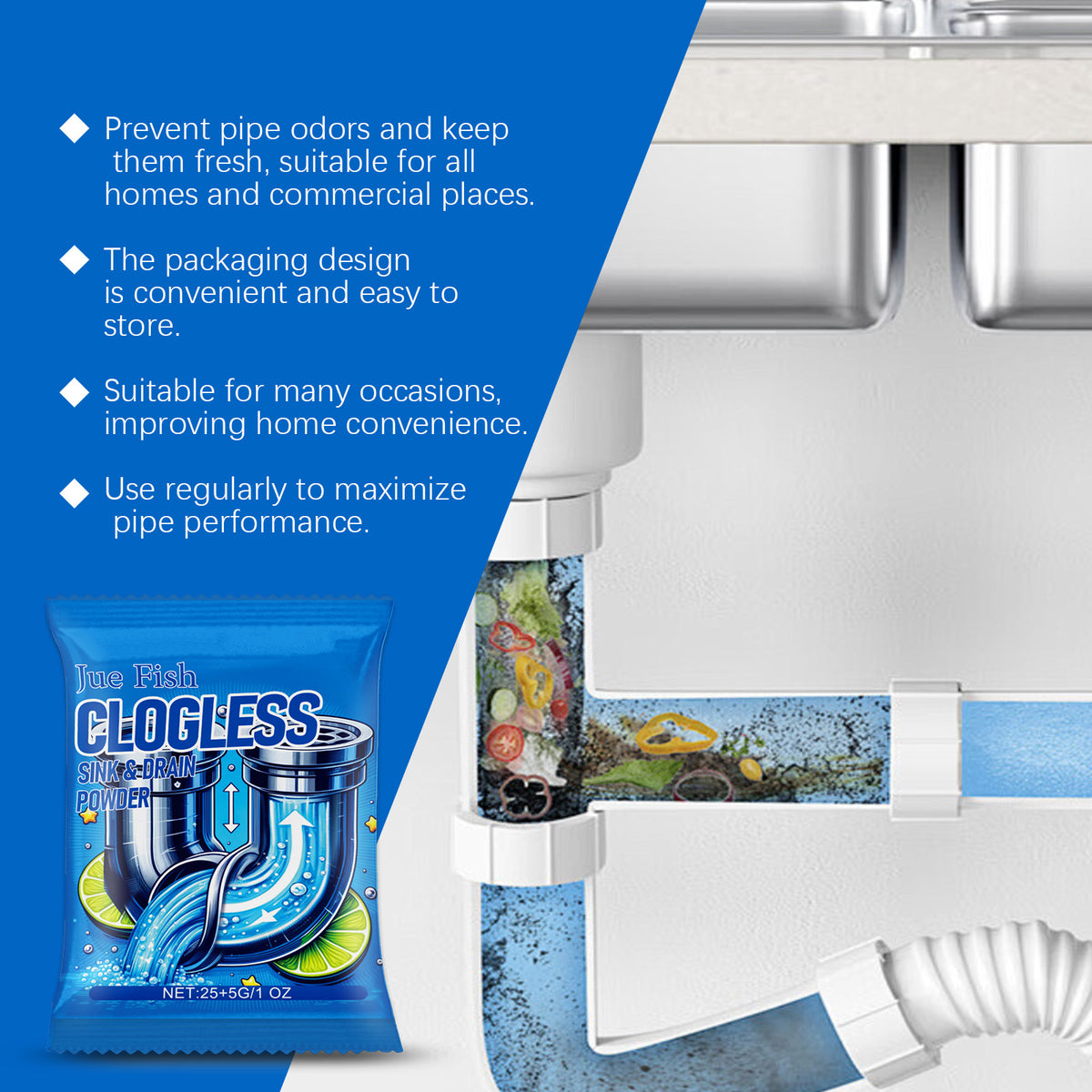 Drain Cleaning Powder for Slow Sinks, Odors & Grease