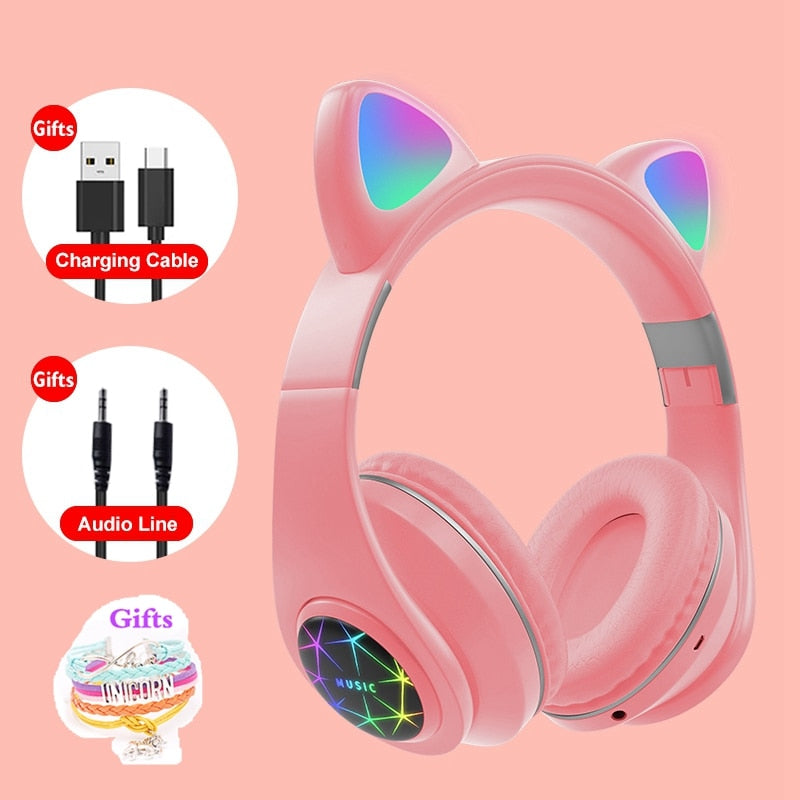 RGB Cat Ear Headphones Bluetooth 5.0 with Long Battery