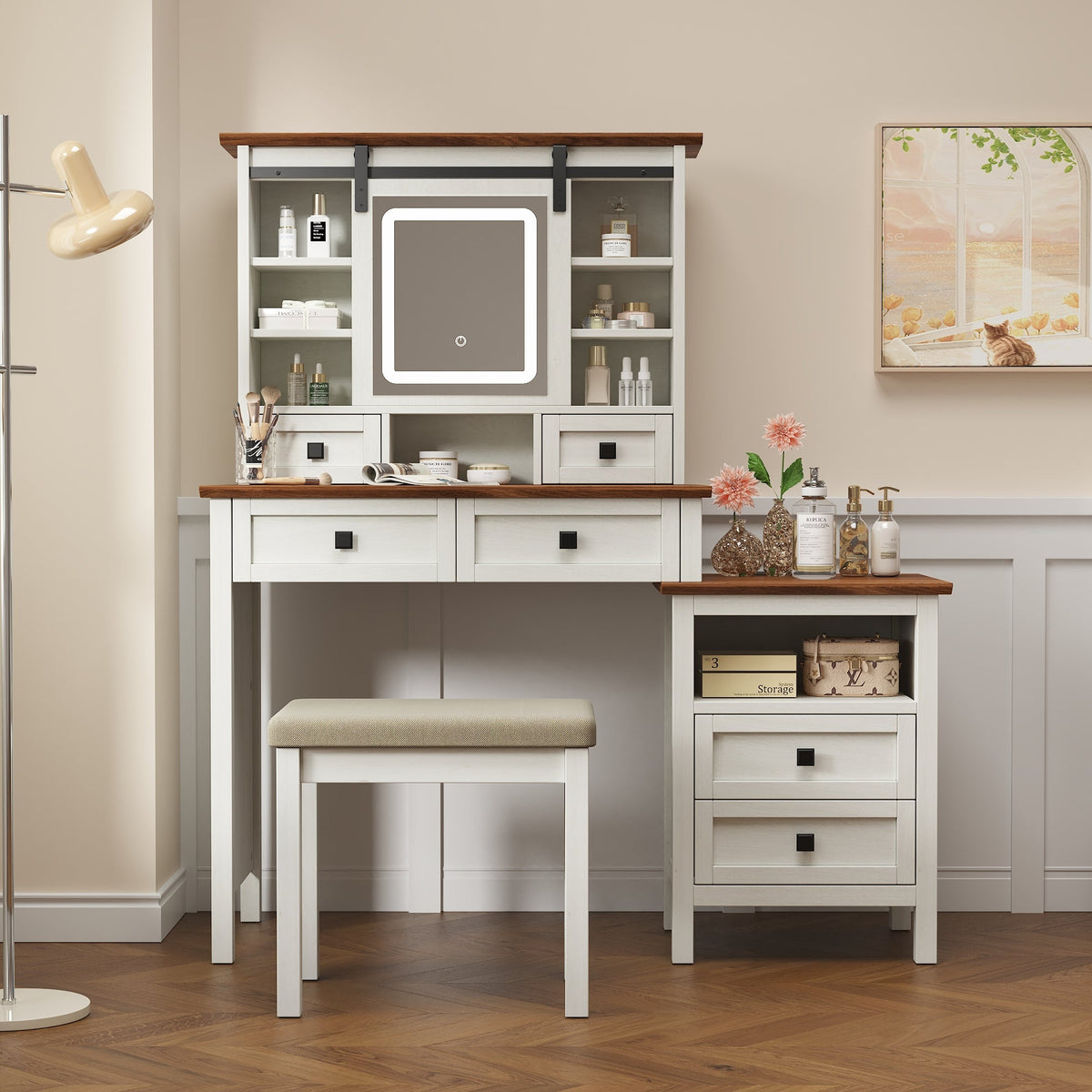 Farmhouse Dressing Table with Lighted Mirror and Charging