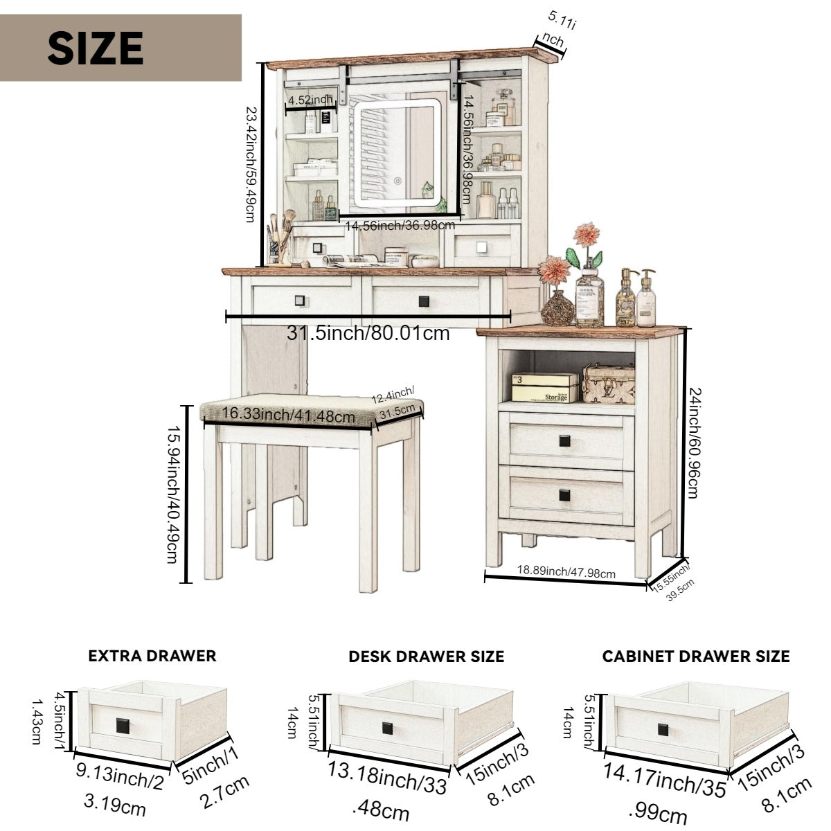 Farmhouse Dressing Table with Lighted Mirror and Charging