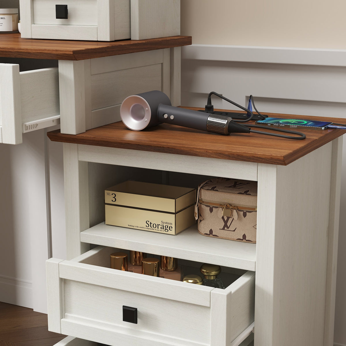 Farmhouse Dressing Table with Lighted Mirror and Charging