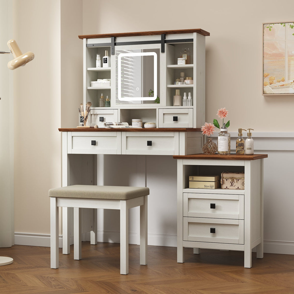 Farmhouse Dressing Table with Lighted Mirror and Charging