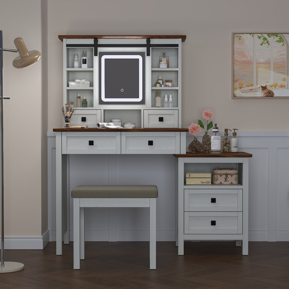 Farmhouse Dressing Table with Lighted Mirror and Charging