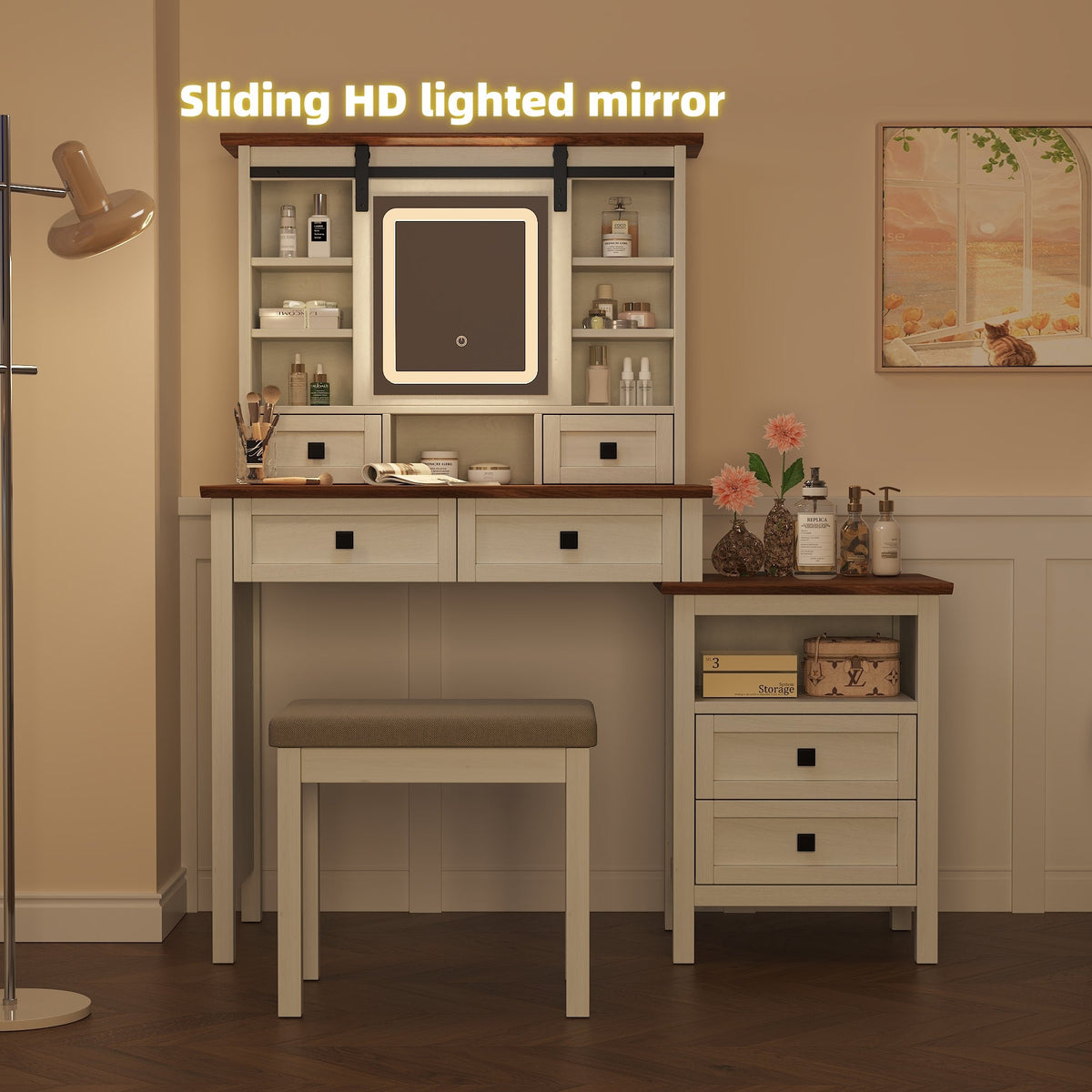 Farmhouse Dressing Table with Lighted Mirror and Charging