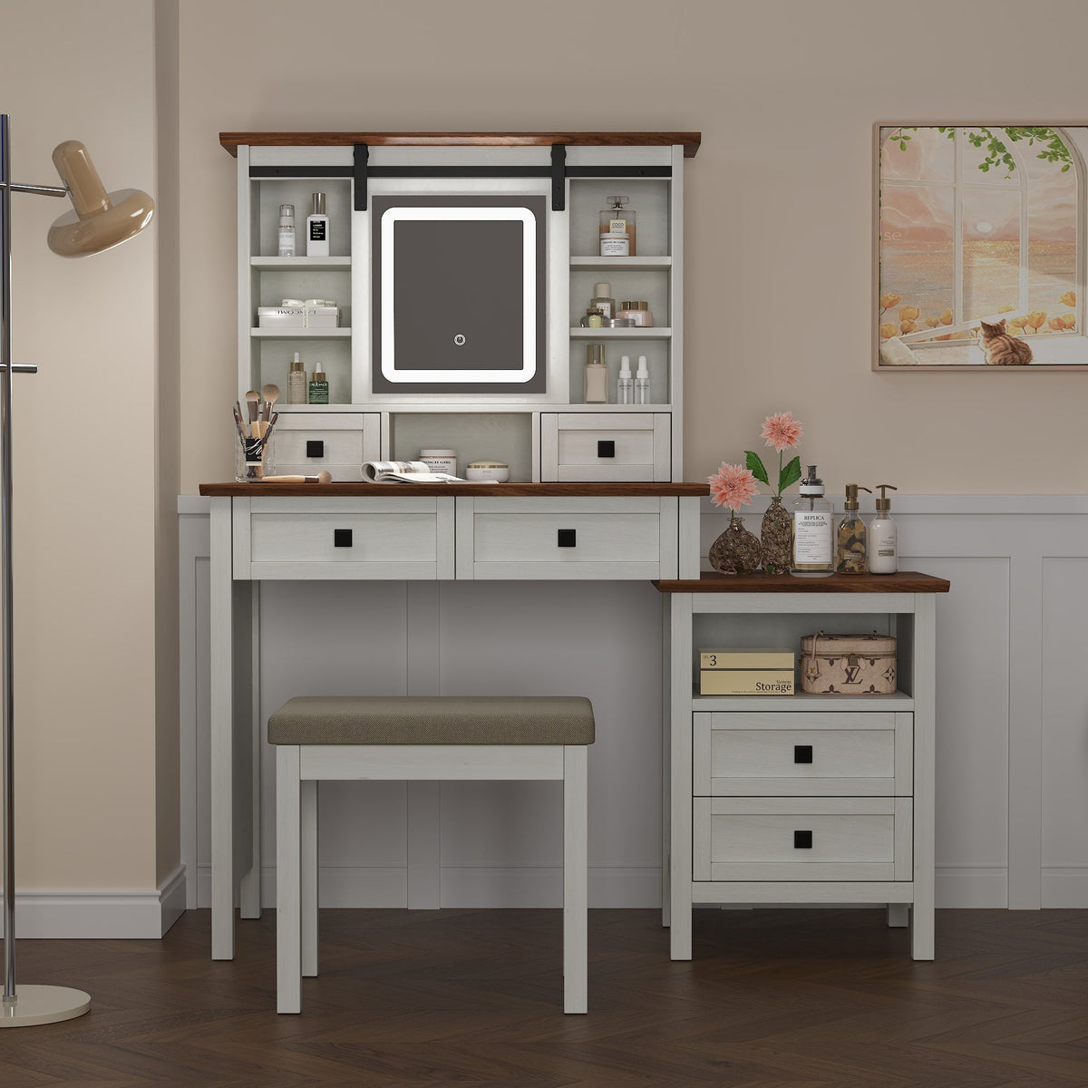 Farmhouse Dressing Table with Lighted Mirror and Charging