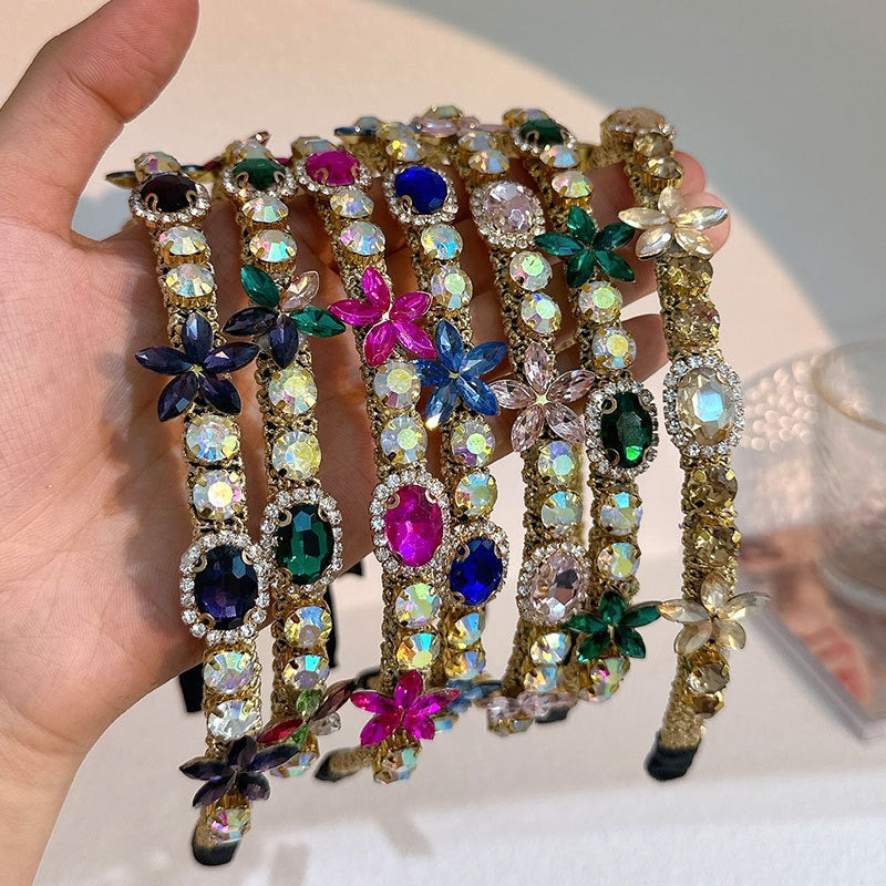 Crystal Flower Hair Hoop with Multicolor Glass Diamonds