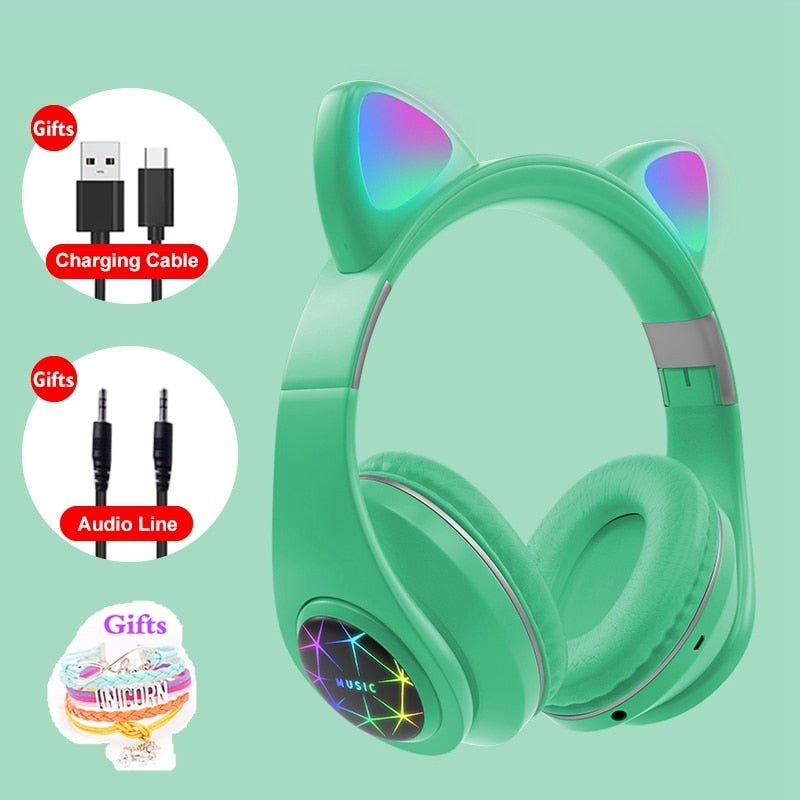 RGB Cat Ear Headphones Bluetooth 5.0 with Long Battery