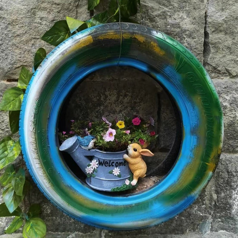 Watering Can Flower Planter with Bunny and Bluebird Decor