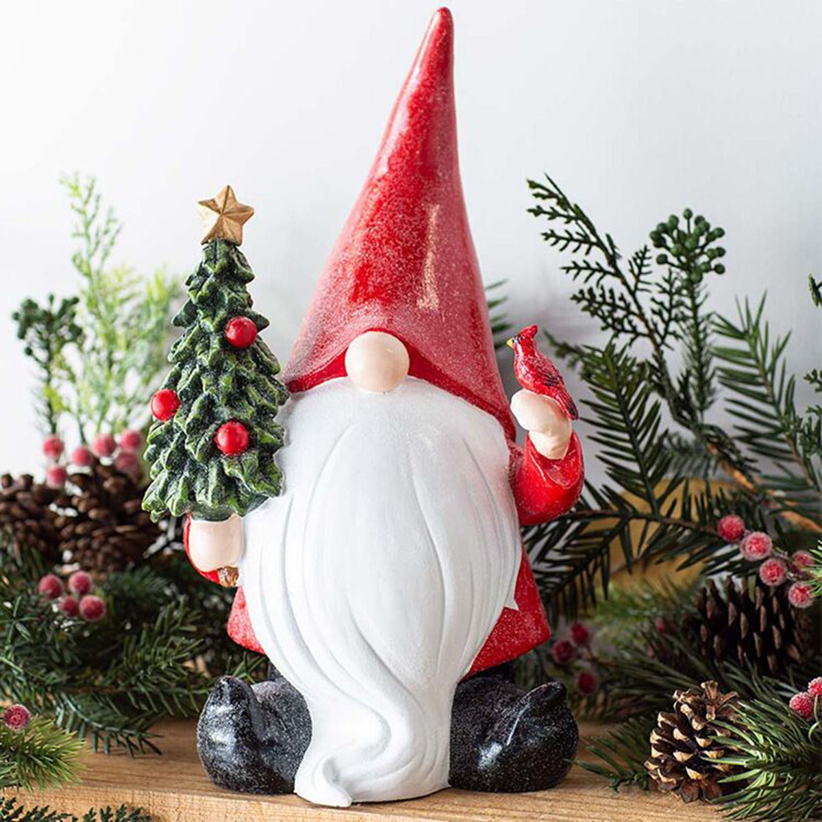 Christmas Gnome Figurine Holding Tree With Cardinal