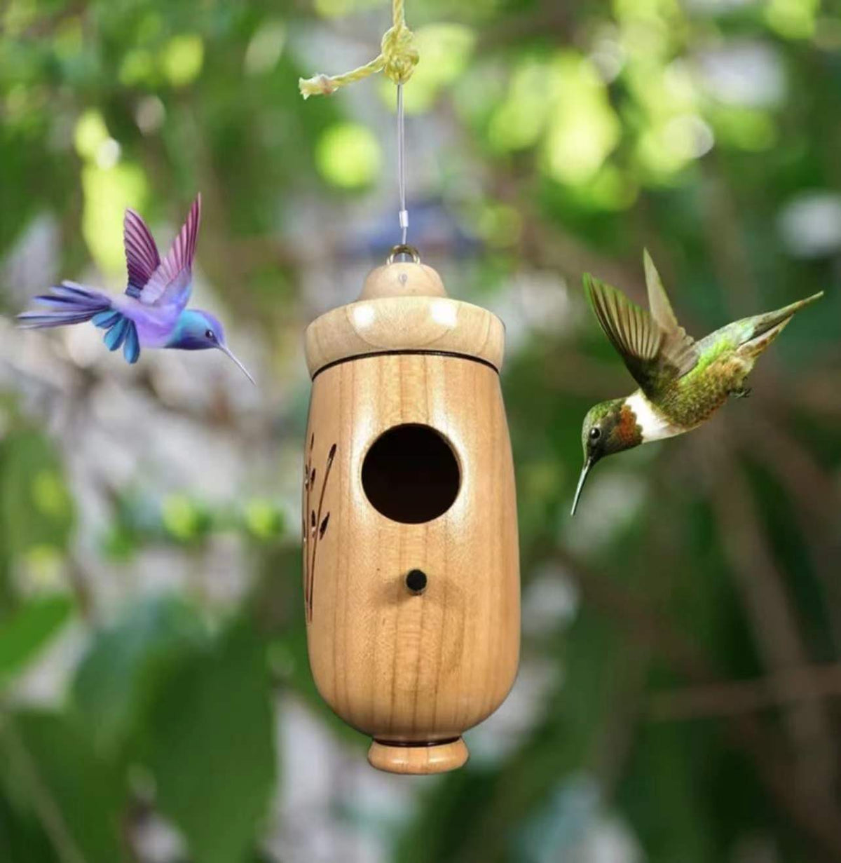 Handcrafted Hanging Wooden Hummingbird House Decor