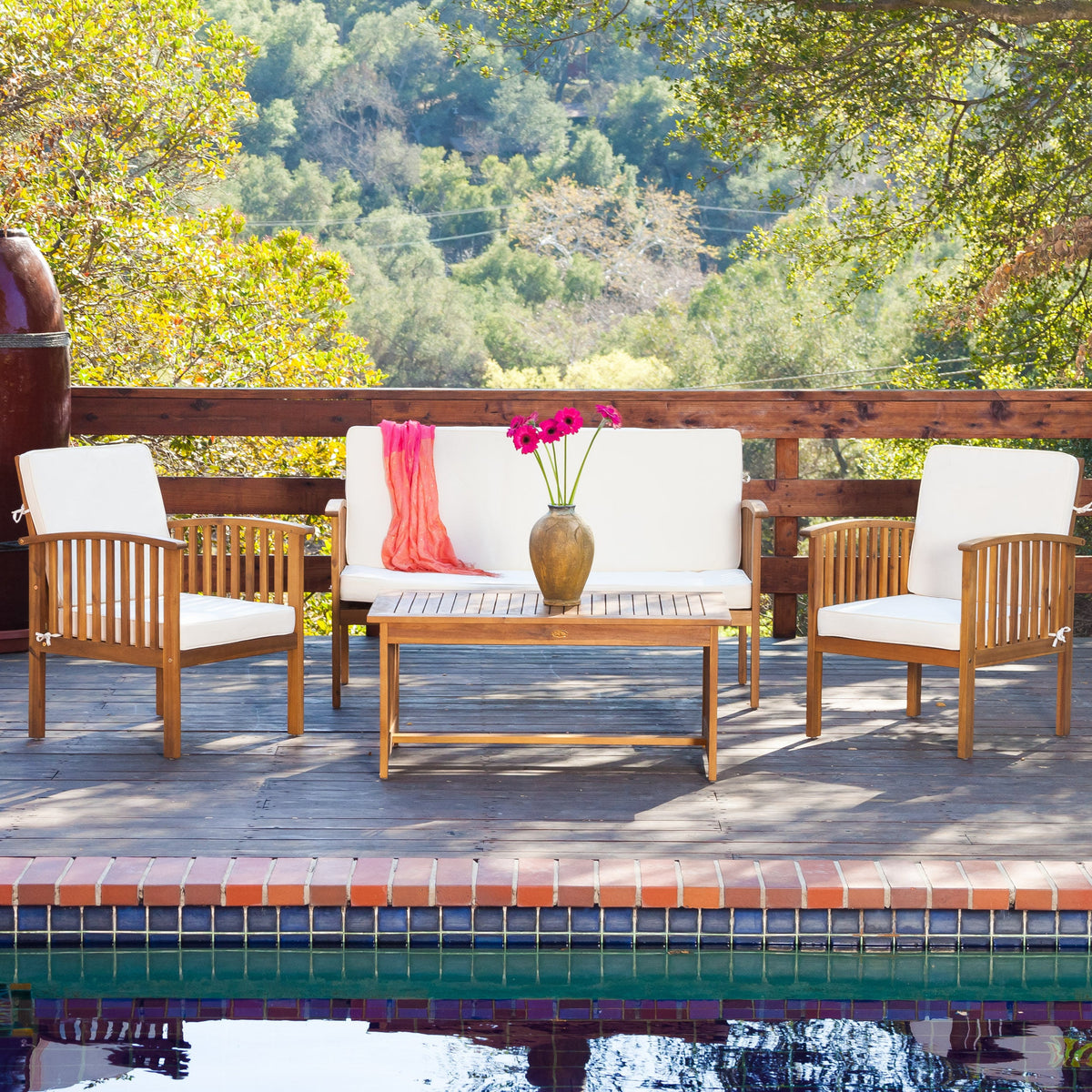 4-Piece Acacia Wood Patio Conversation Set with Cushions