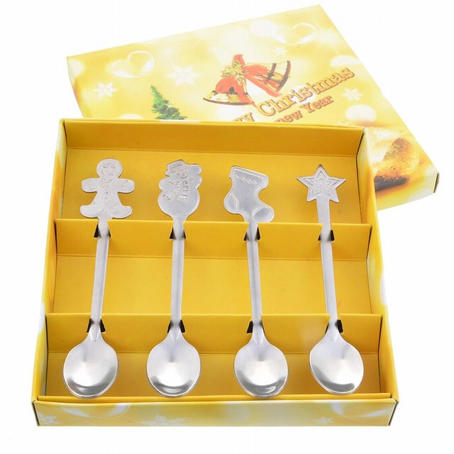 Christmas Teaspoon Set, 4 Festive Stainless Steel Spoons