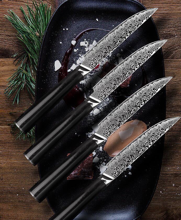 Damascus Steak Knife Set of 4 With Ebony Wood Handles