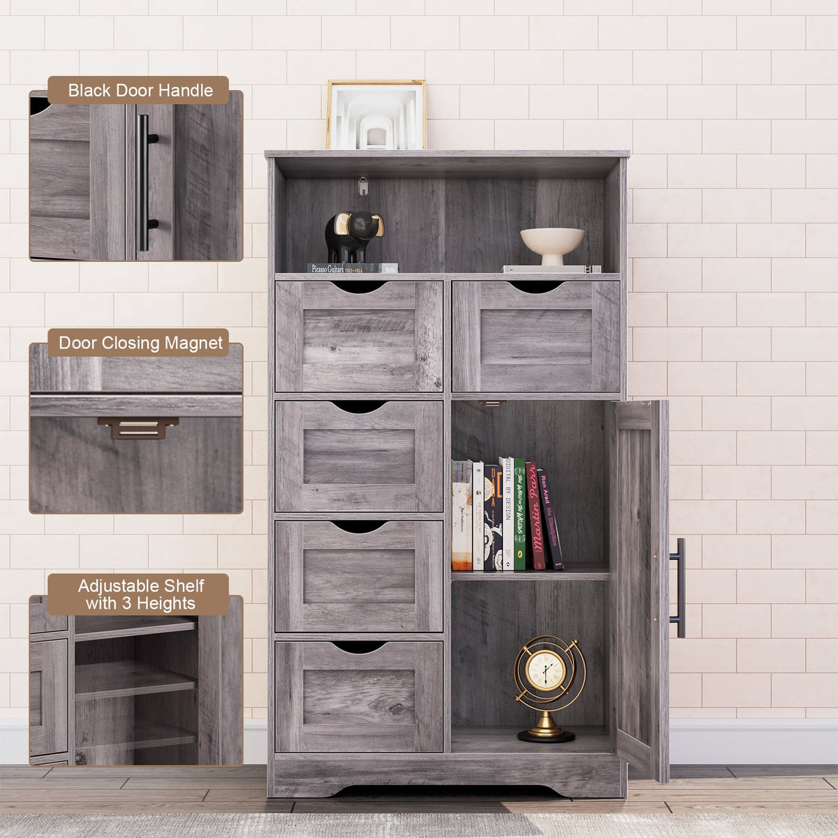Grey Floor Cabinet with Drawers and Adjustable Shelves