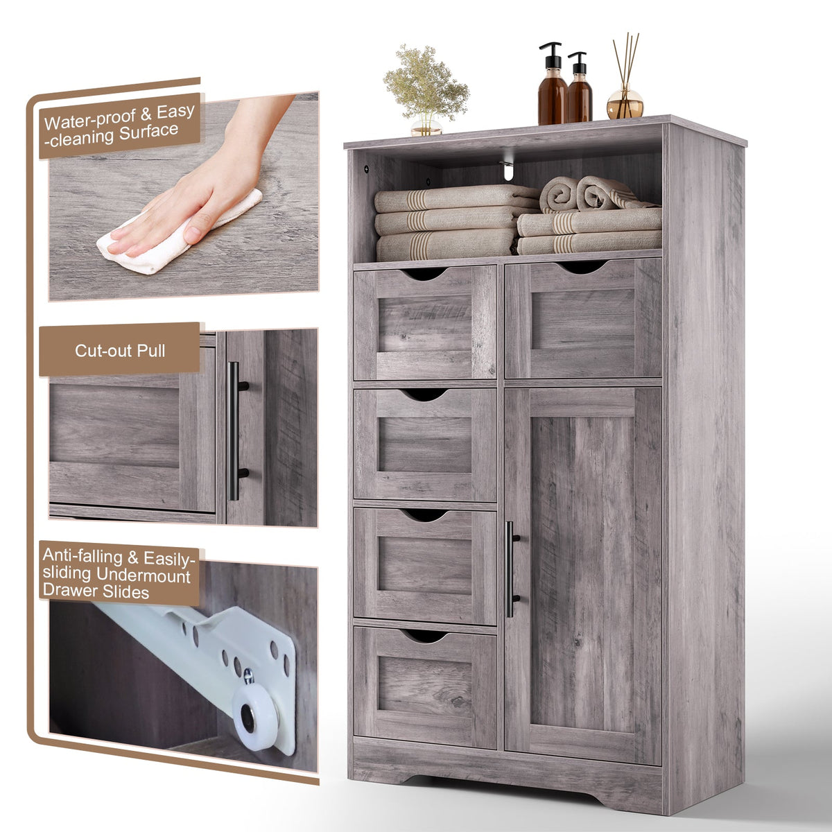 Grey Floor Cabinet with Drawers and Adjustable Shelves