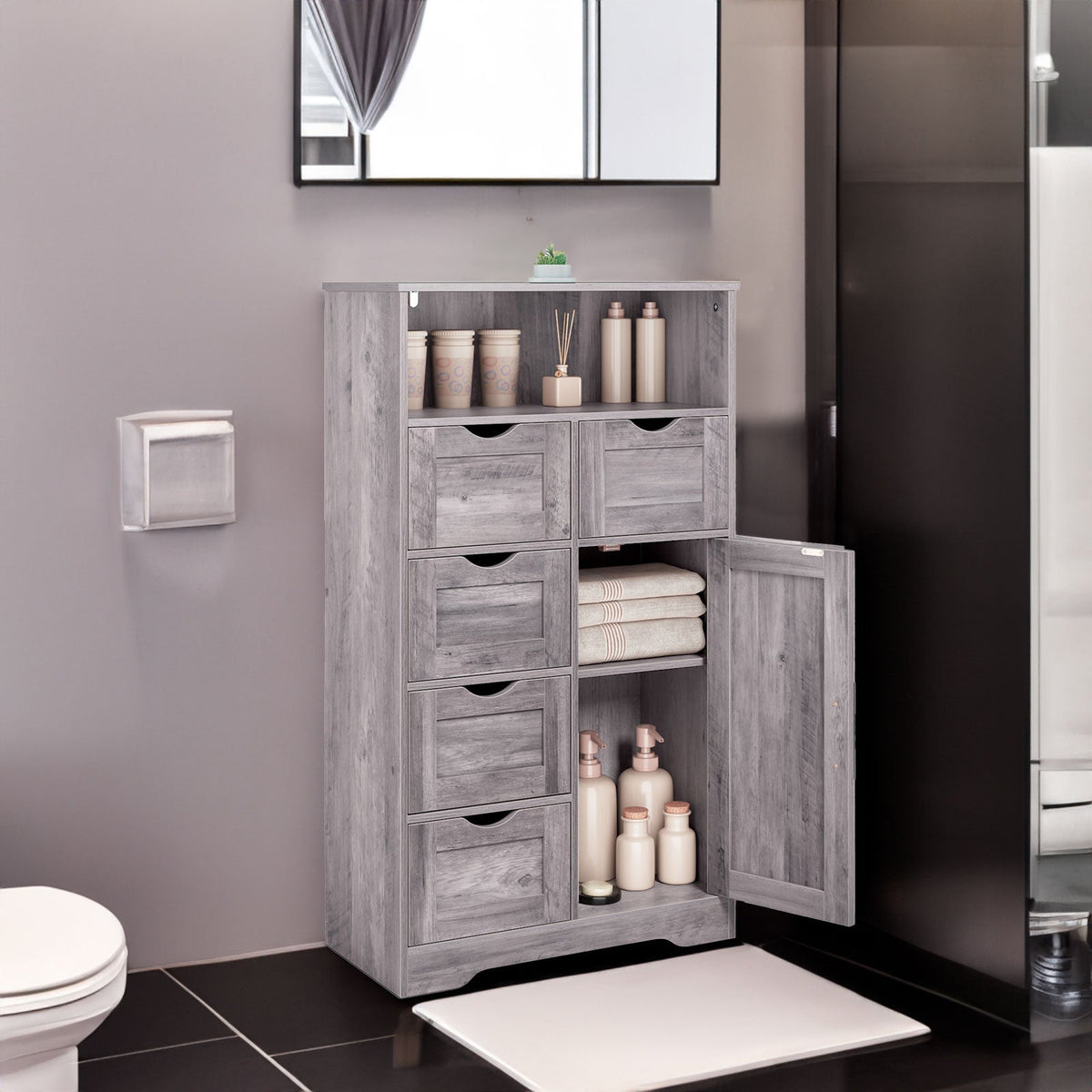Grey Floor Cabinet with Drawers and Adjustable Shelves