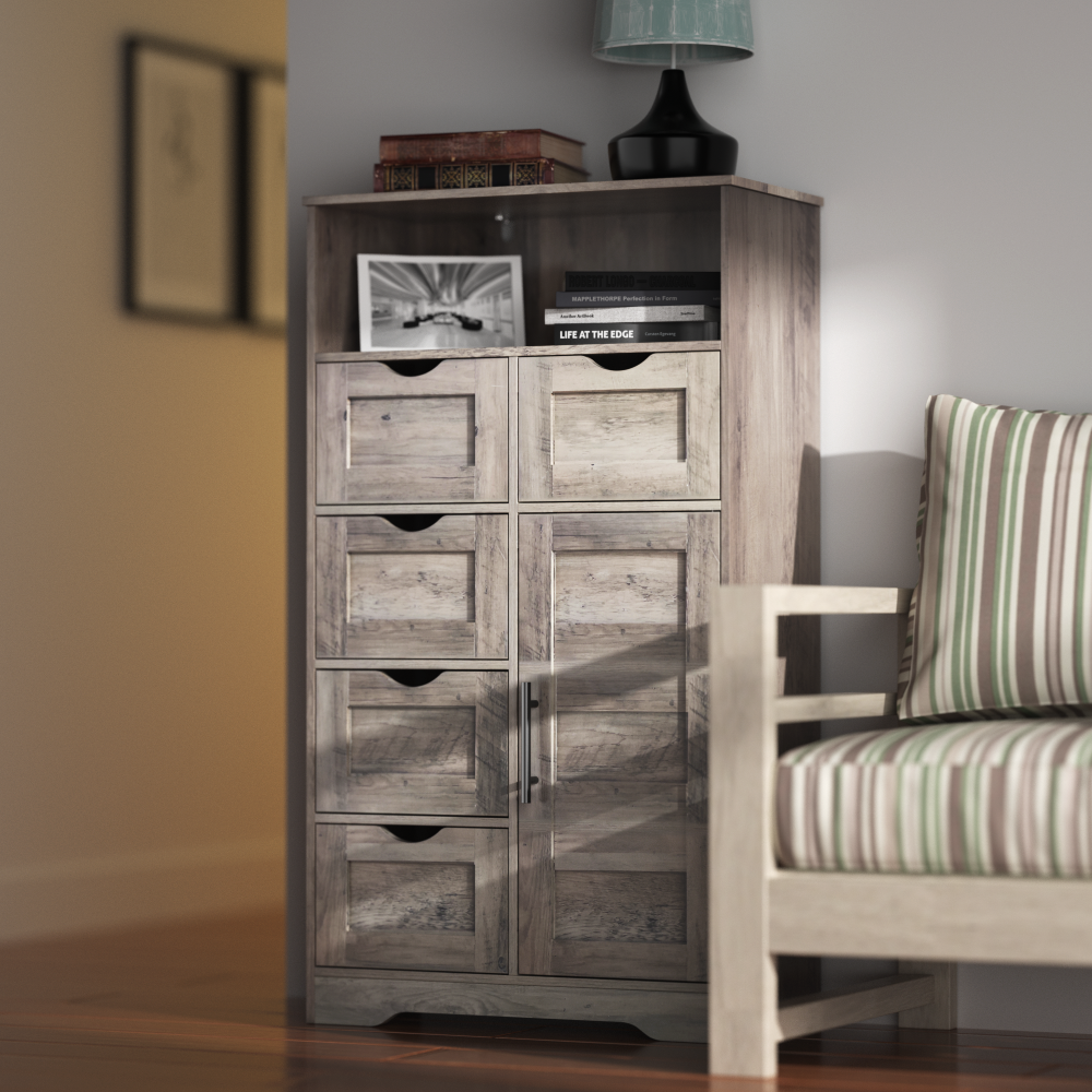 Grey Floor Cabinet with Drawers and Adjustable Shelves