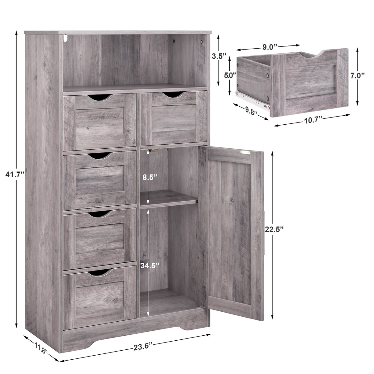 Grey Floor Cabinet with Drawers and Adjustable Shelves