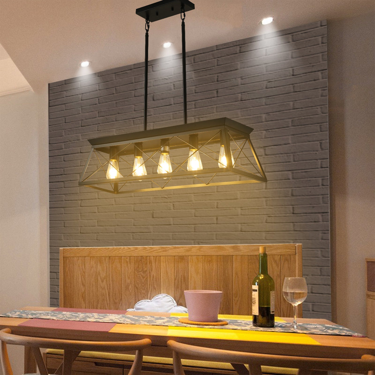5-Light Black Farmhouse Island Pendant Light for Dining