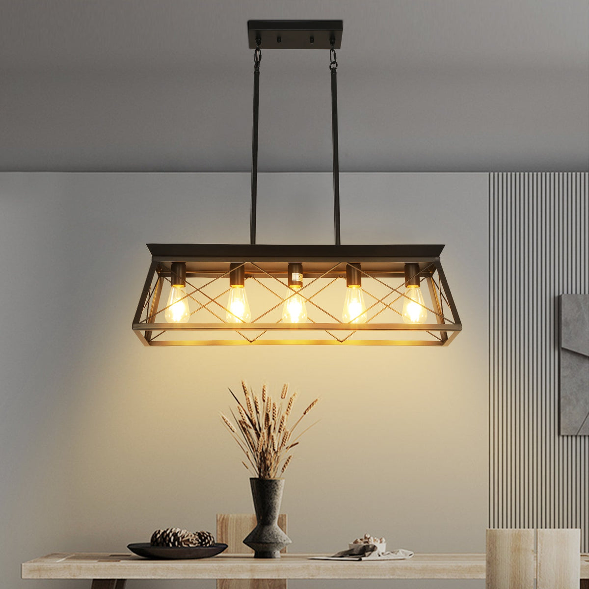 5-Light Black Farmhouse Island Pendant Light for Dining