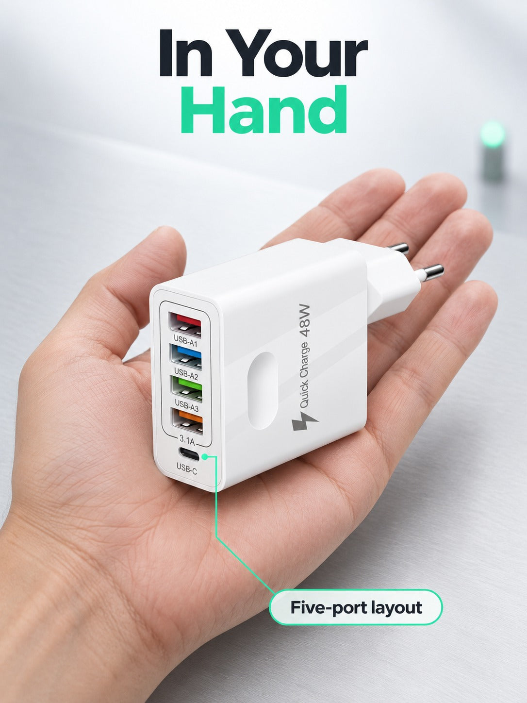 5-Port 48W USB Wall Charger with USB-C PD Fast Charging