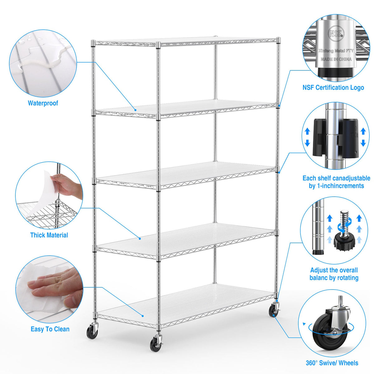 5-Tier Heavy Duty Chrome Wire Shelving Unit on Wheels