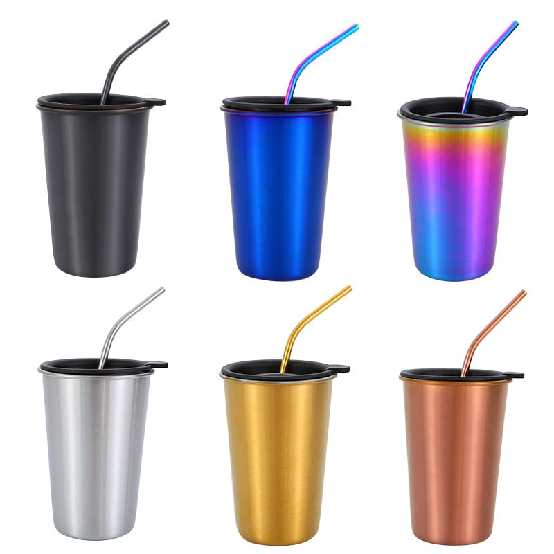500ml Stainless Steel Travel Mug with Metal Straw & Lid