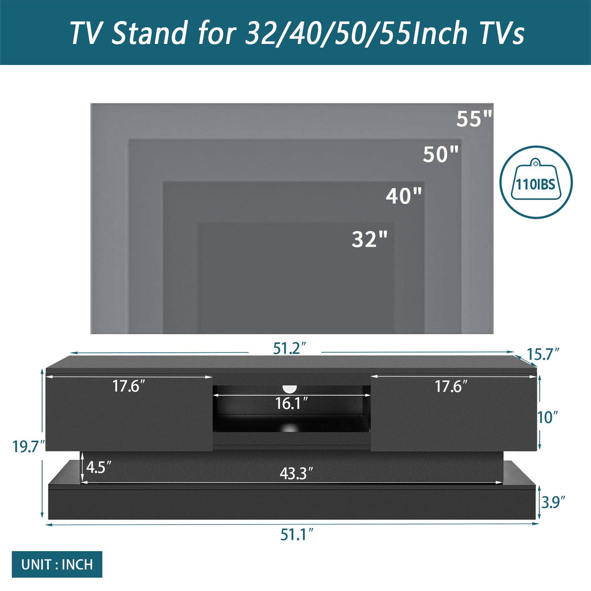 Black High Gloss TV Stand with LED Lights for 55 TVs