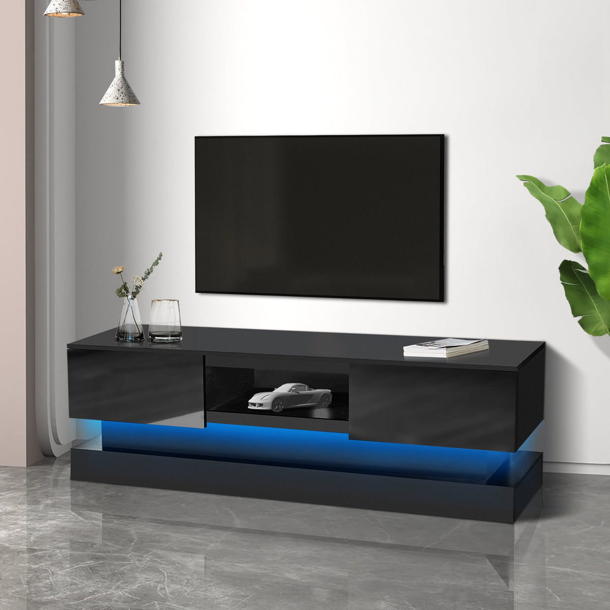 Black High Gloss TV Stand with LED Lights for 55 TVs