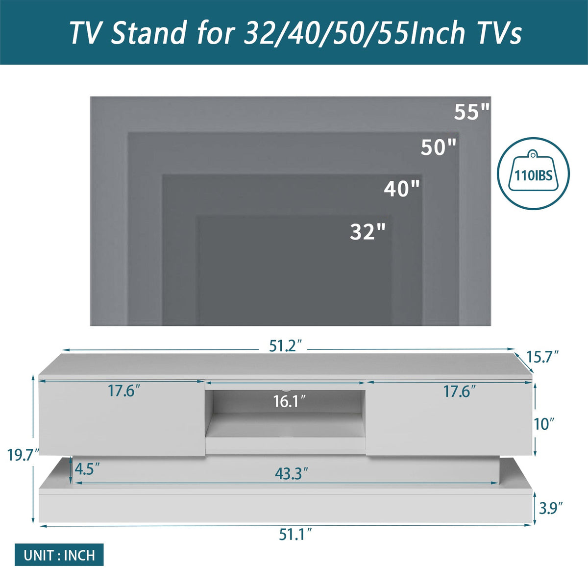 High Gloss White TV Stand with LED Lights for 55 Inch TVs